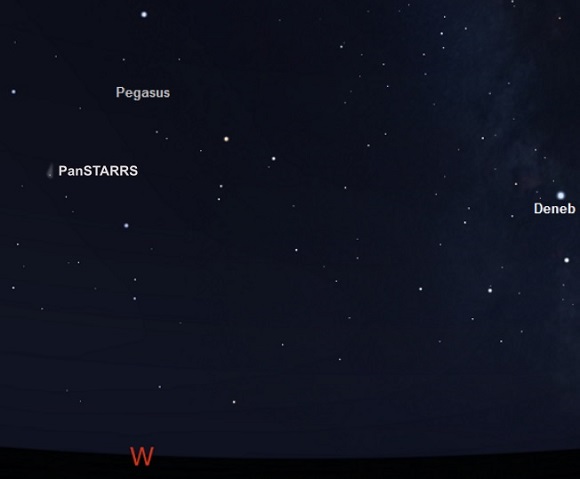 Comet PanSTARRS from mid northern temperate latitudes early evening on January 25, 2016 (credit:- Stellarium)
