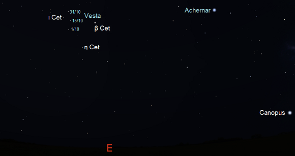 Vesta from mid-southern latitudes during October in early evening (credit:- freestarcharts)