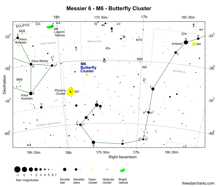 Finder Chart for M6 (credit:- freestarcharts) Finder Chart for M6 (credit:- freestarcharts)